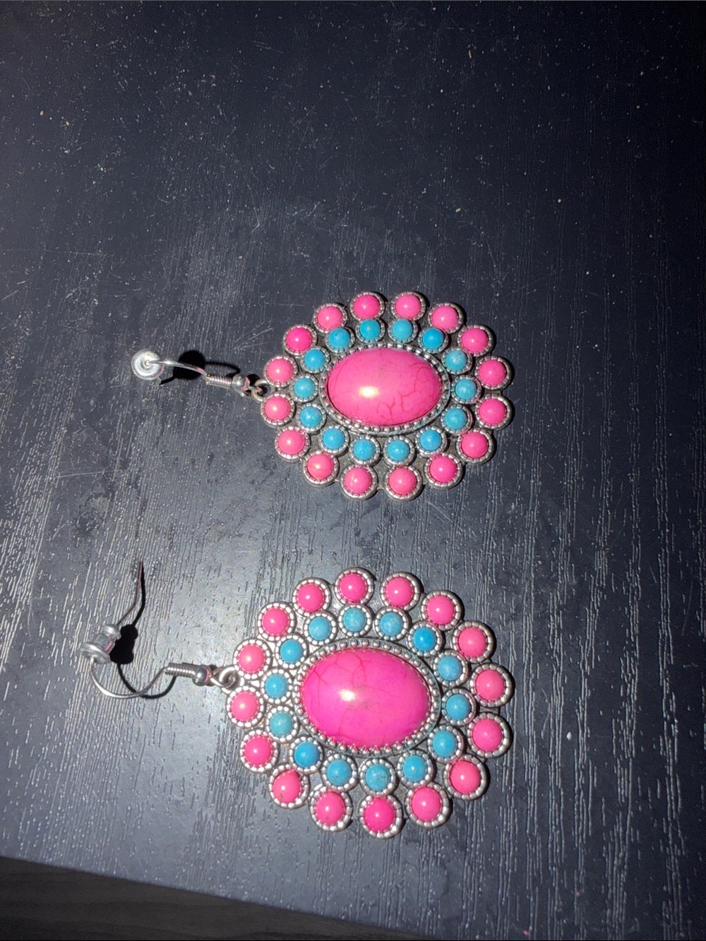 Pink and Turquoise Oval Stone Dangle Earrings - Women's Fashion Jewelry